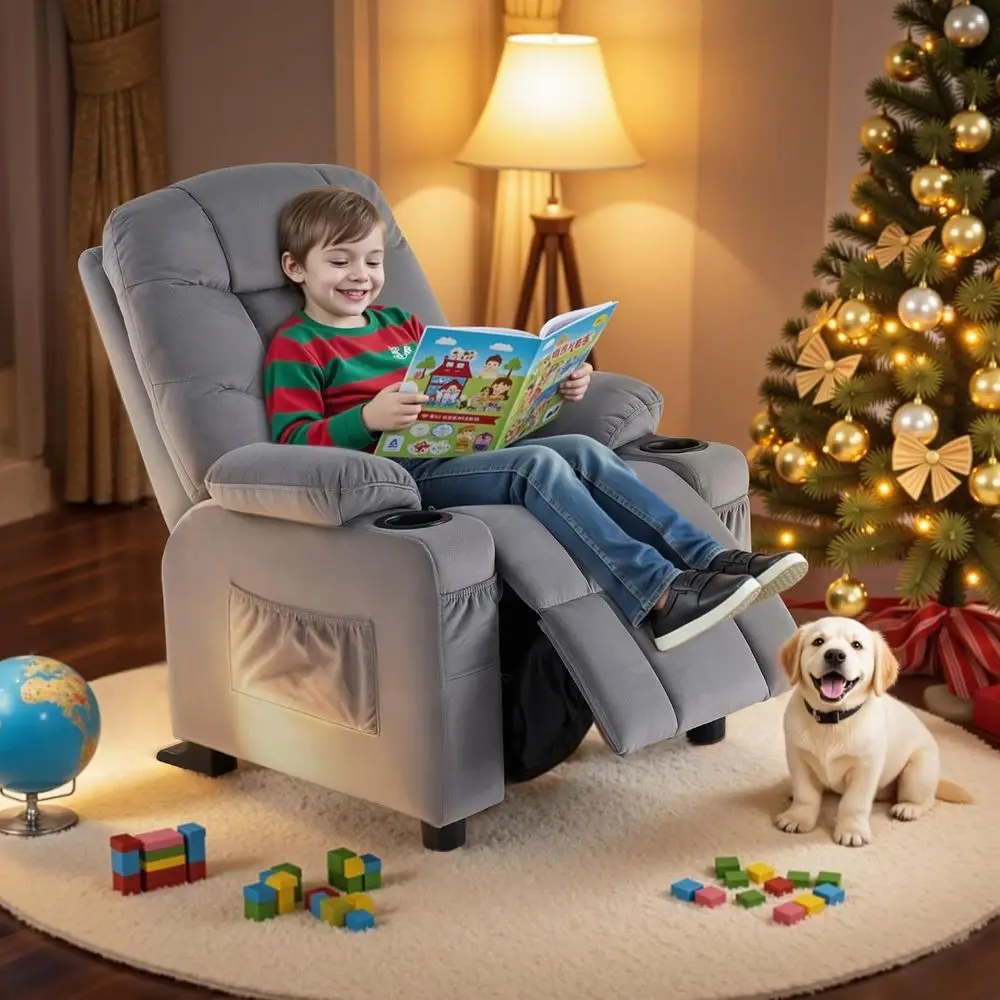 Big Kids Recliner or Ages 3+, Child Reclining Chair, Toddlers Recliner Soa with Cup Holders (Velvet, k Grey)