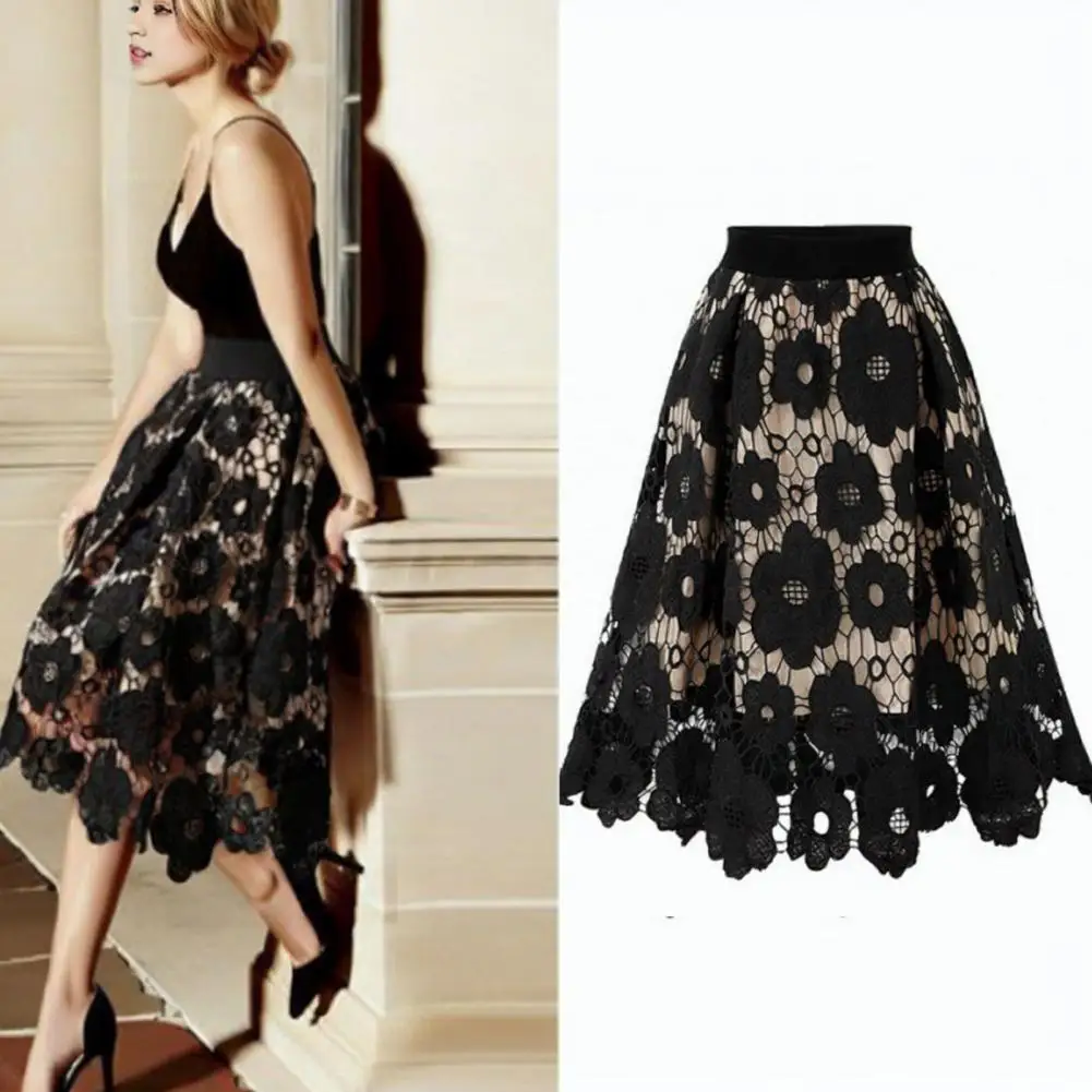 

Women Skirt High-waisted Floral Lace Skirt Elegant Floral Lace A-line Midi Skirt with High Elastic Waist for Women's