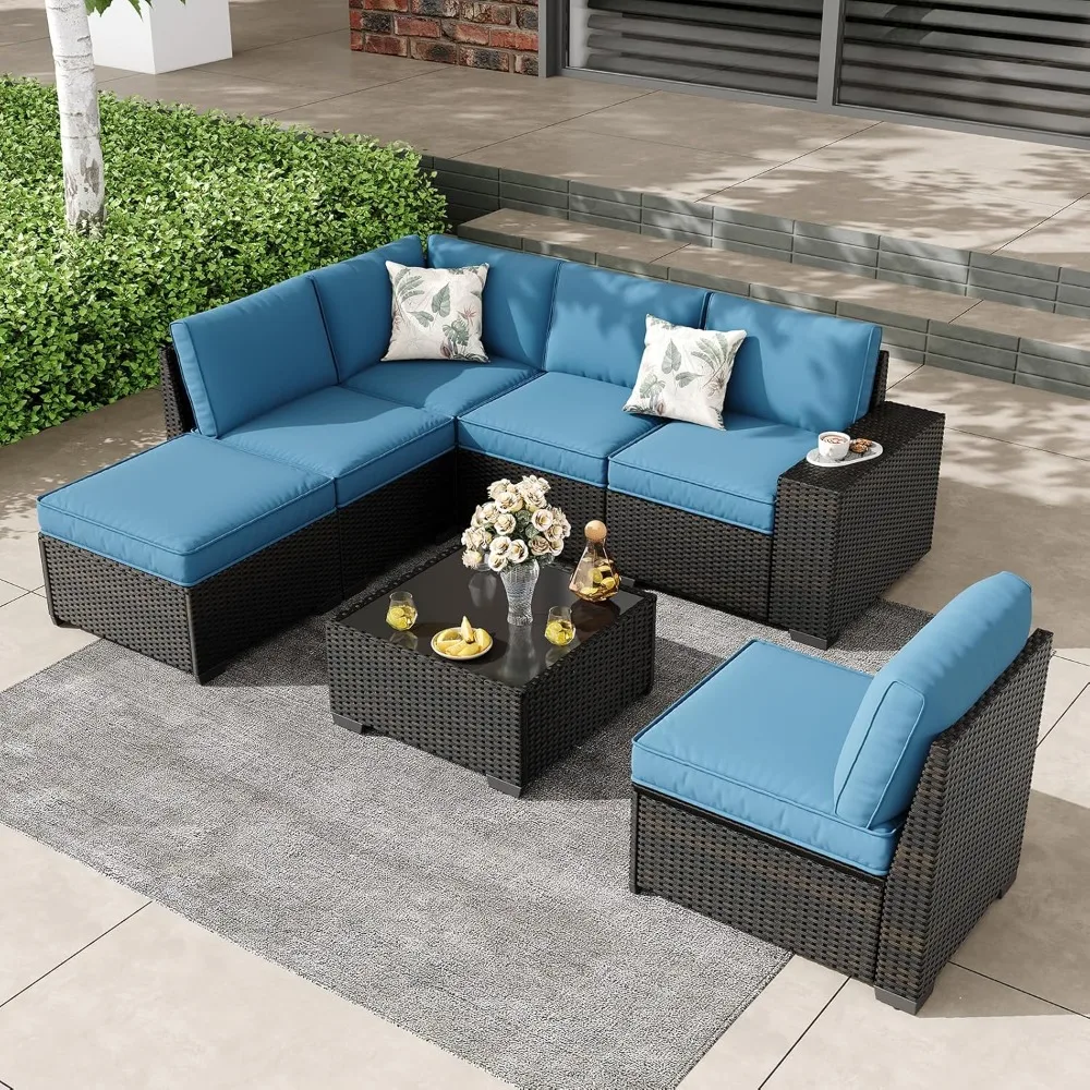 

7-Piece Outdoor Patio Furniture Set: Wicker Conversation Area with Tea Table and Cushioned Rattan Sofa for Garden Seating