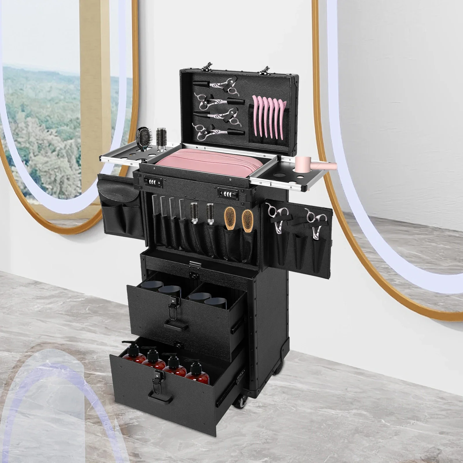 Винтажный черный чехол для парикмахерских инструментов на колесиках с улучшенными металлическими колесами — полностью черная тележка для стилиста для профессионального использования в салоне