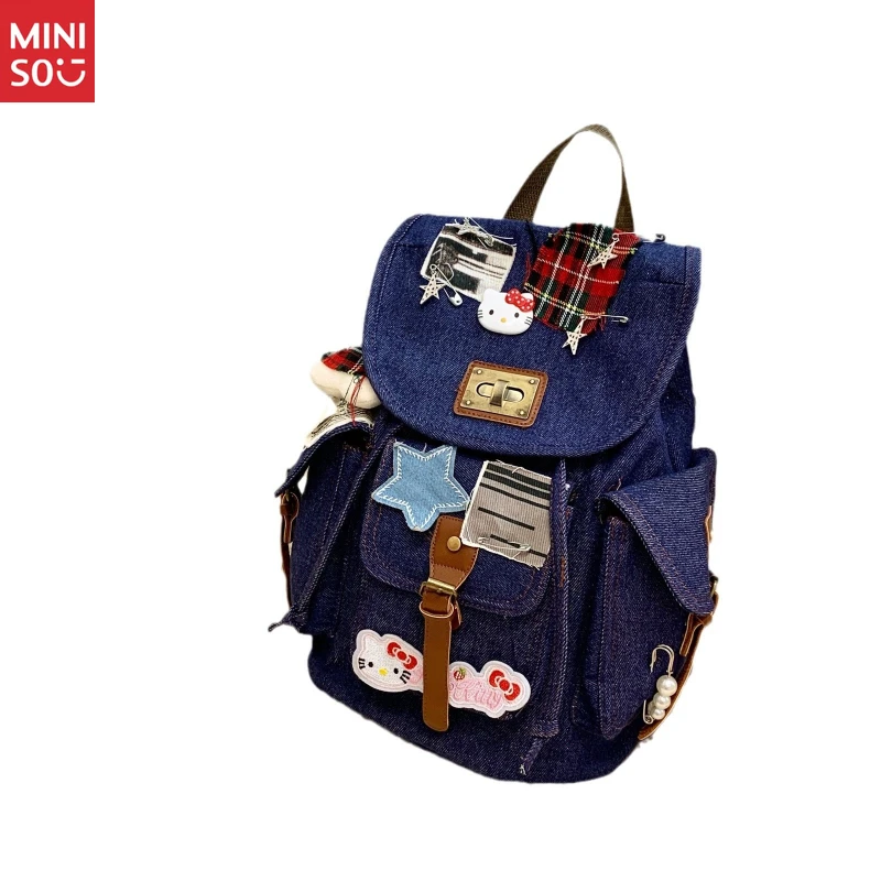 Miniso Nueva mochila Hello Kitty Bone, patchwork de mezclilla desgastado, mochila con bloques de color