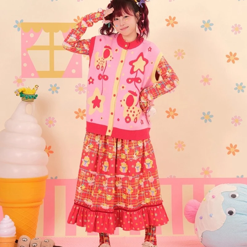 Autumn New Floral Knitted Women's Clothing Japanese Original Design Cute Animal Print Versatile Sleeveless Sweater Vest Ladies