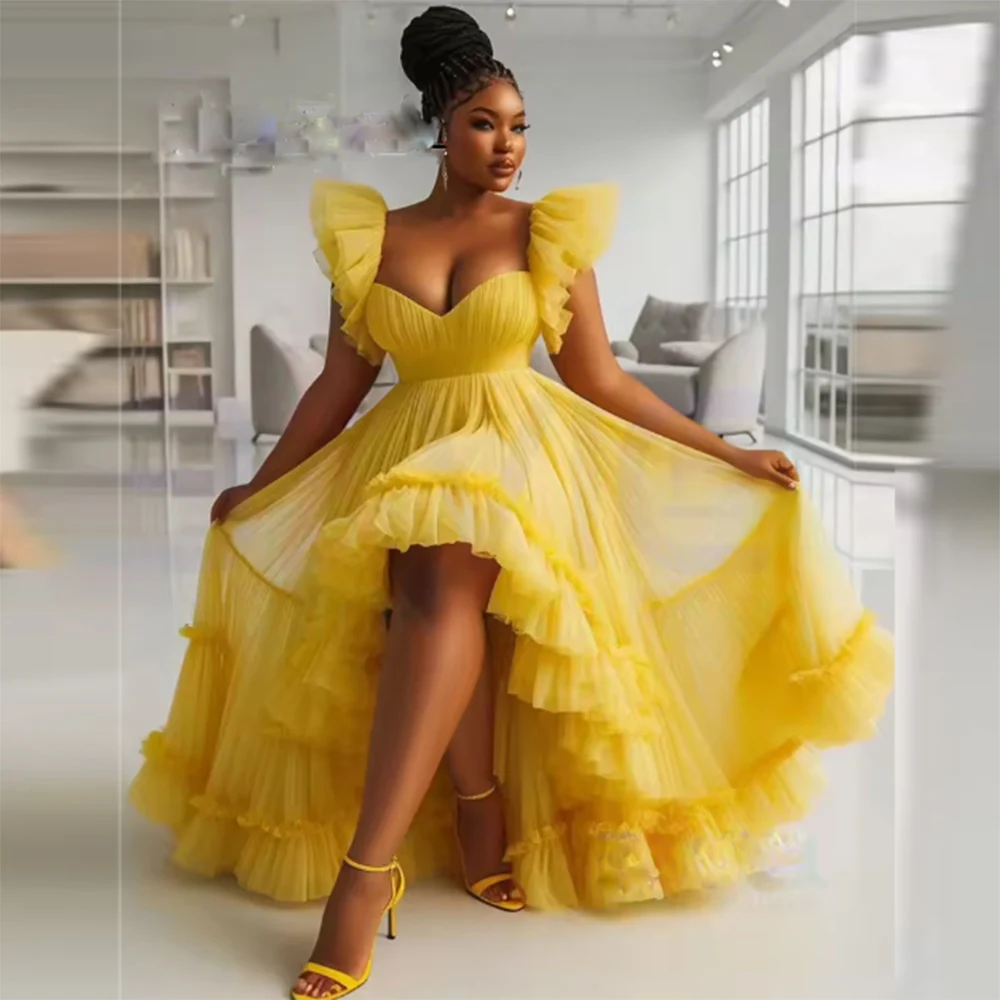

Yellow Tulle High Low Prom Dresses Sweetheart Short Sleeves Ruffles Evening Gowns Puffy A Line Girls Cocktail Party Dress