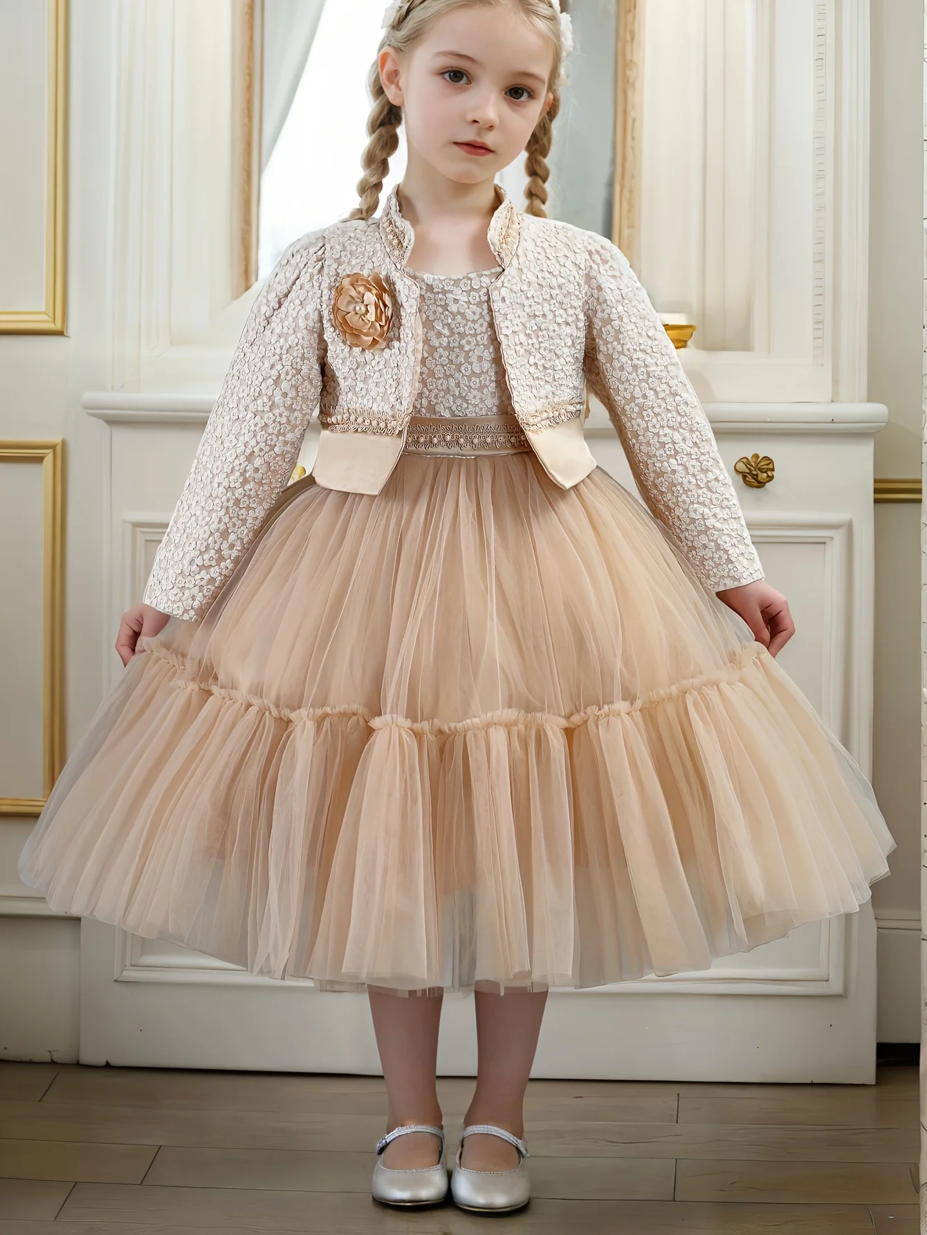 

Комплект платьев для девочек, весна-осень, хаки, кружево лотоса, 2024, модная новая детская одежда, милые платья принцессы и пальто, наряды для детей 2–8 лет