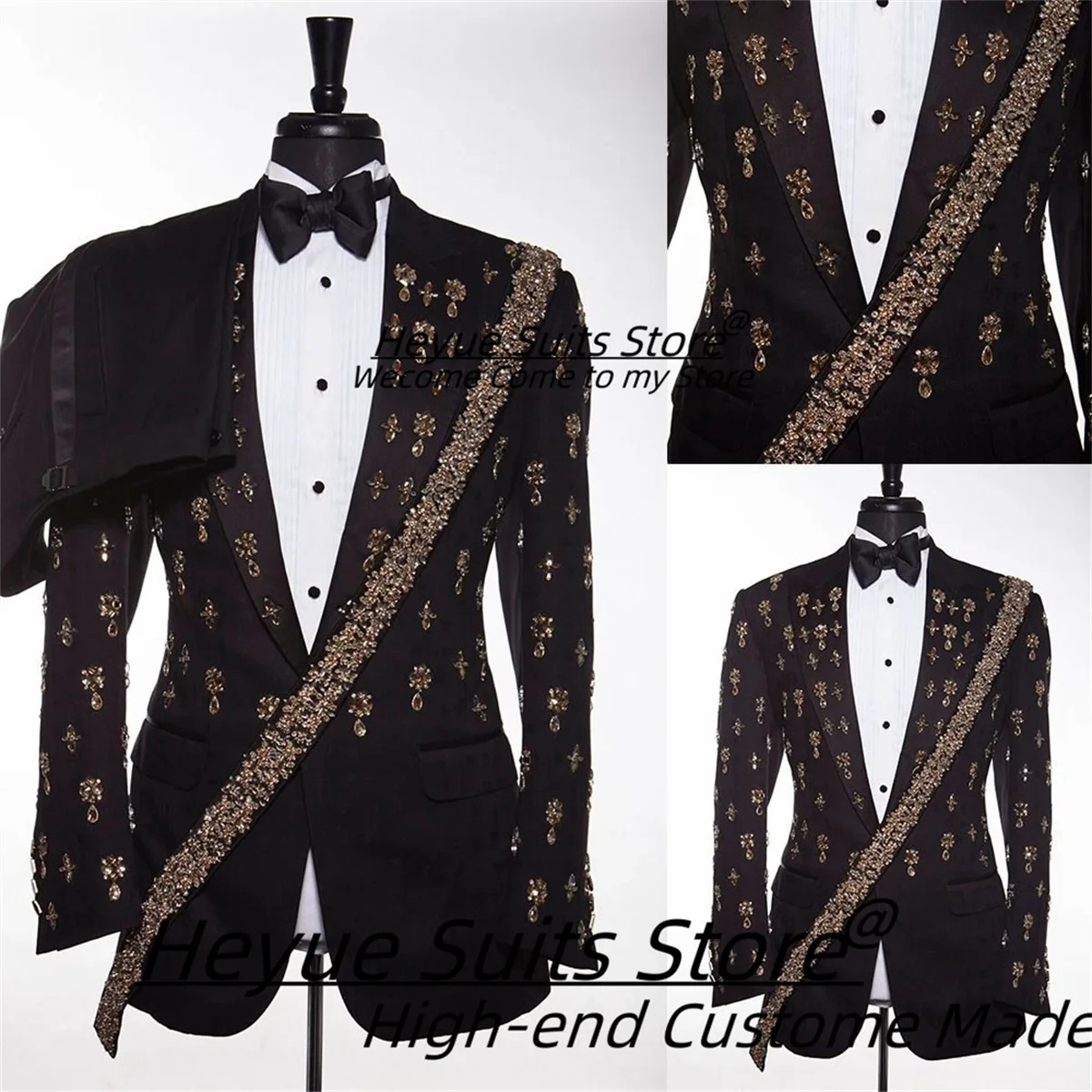 

Gorgeous Diamonds Formal Groom Wedding Tuxedos Male Party Blazers Customized Slim Fit Peak Lapel 2 Pieces Sets Costume Homme
