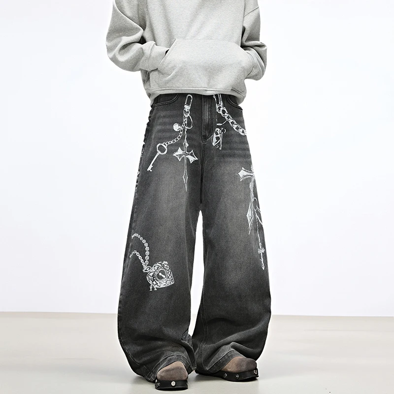 Heavy Printing Wide Leg Jeans Men's Casual Loose Fit Washed Denim Pants American Trend High Street Dad Long Trousers