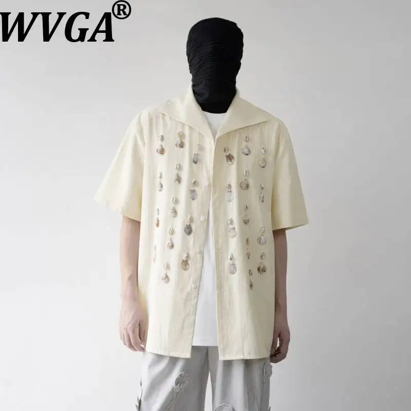 WVGA Summer New Men Resort Style Handmade Three-Dimensional Shells Decoration Striped Shirts Niche Chic Casual Short Tops W26407