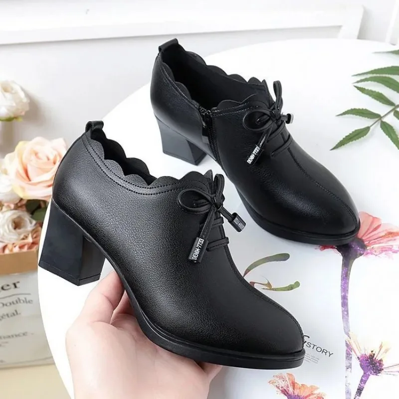 Shoe for Women 2023 Autumn/Winter High Heels Shoe Women New Thick Heel Pointed Leather Shoe Bowknot Fashion Single Shoe Zapatos