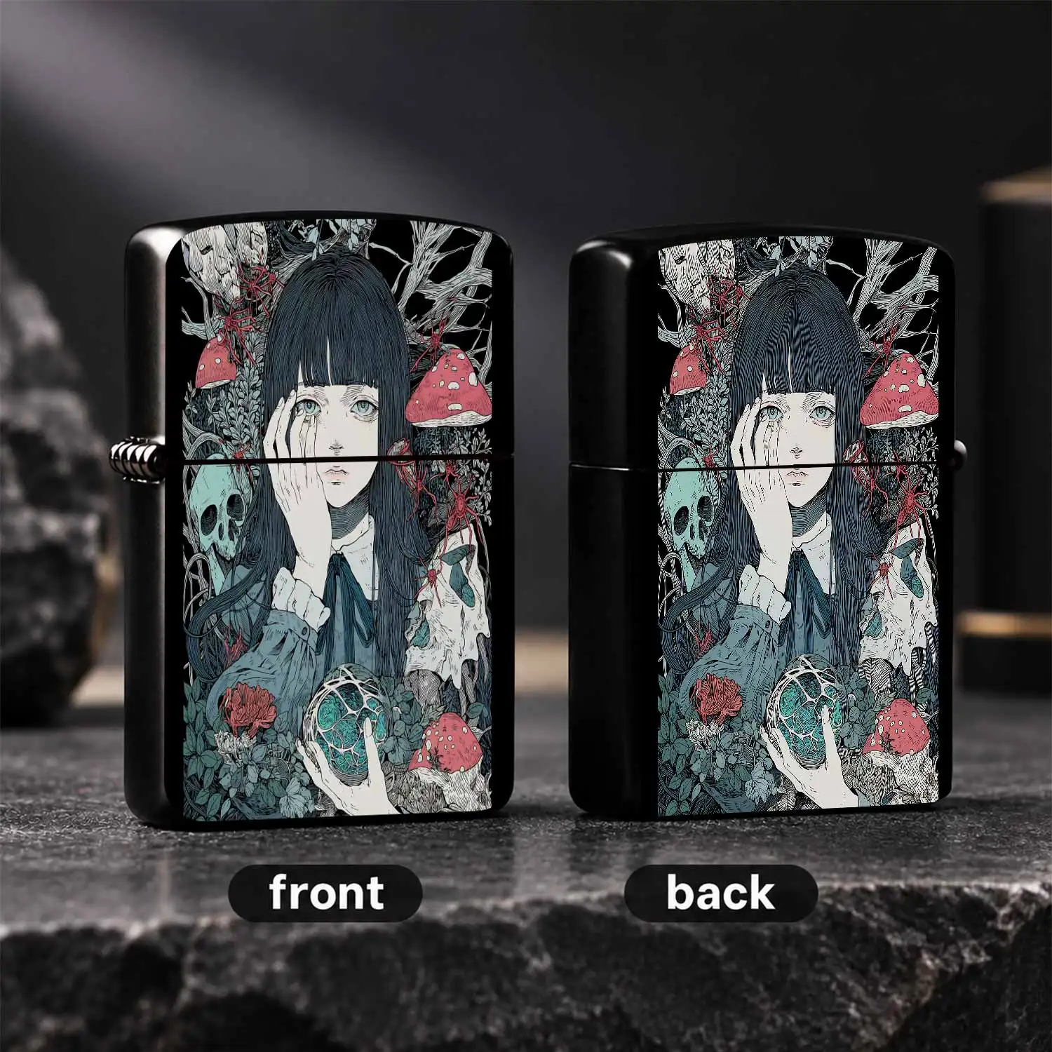 Dark Aesthetic Forest Girl Lighter, Exquisite Line Art Print With Fantasy Amanita Muscaria, Spiders And Skulls Elements, Trendy Eerie Vibe Accessory, Portable All-Purpose Daily Use Item, Unique Creative Present For Art A Humorous And Intere