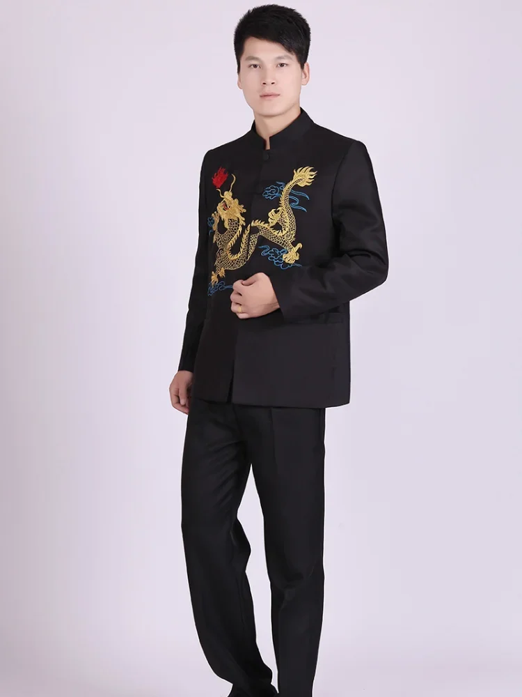 White Black Stand Collar Dragon Embroidery Chinese Tunic Suit Set Men Suit Latest Coat Designs Mens Suits