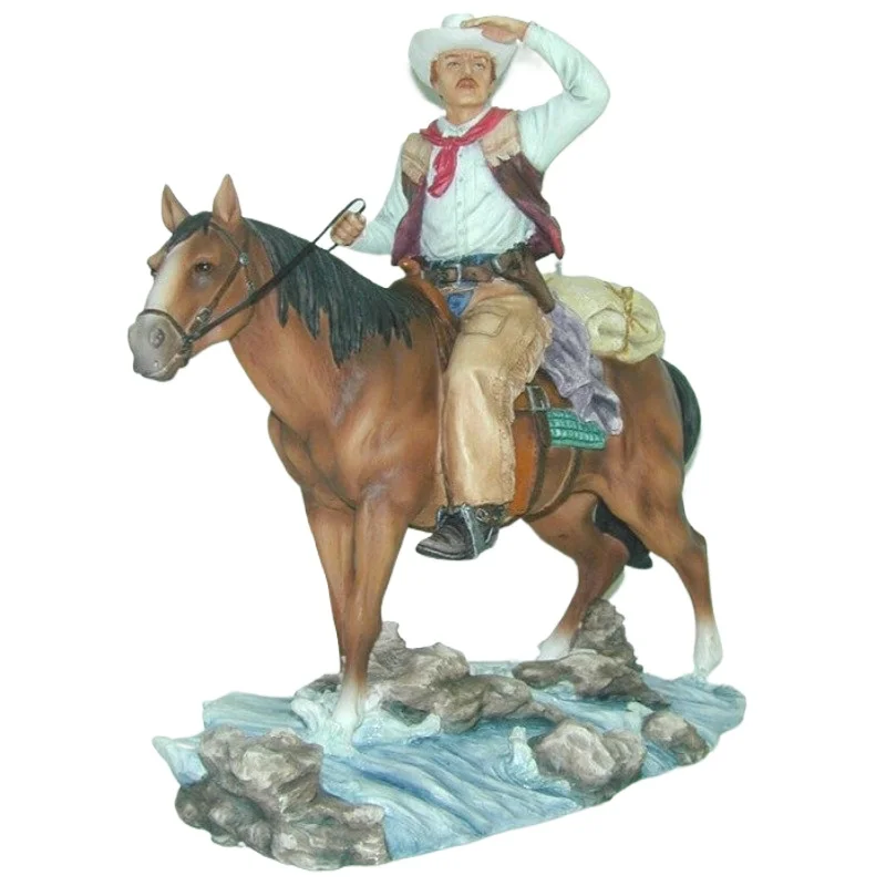 Western Cowboy on Horse Crossing River Resin Figurine Hand Painted American Cowboy Statue Wild West Rider Sculpture Home Decor