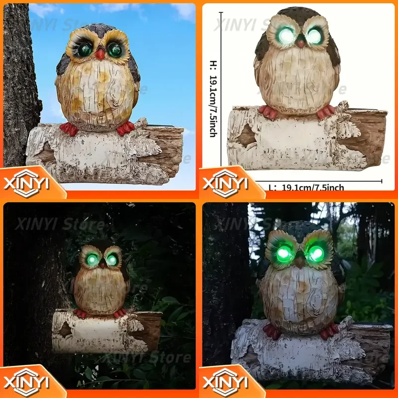Rustic Resin Owl Tree Statue Realistic Owl Perched Log Green Eyes Wall-Mountable Outdoor Birdhouse Ornament Durable