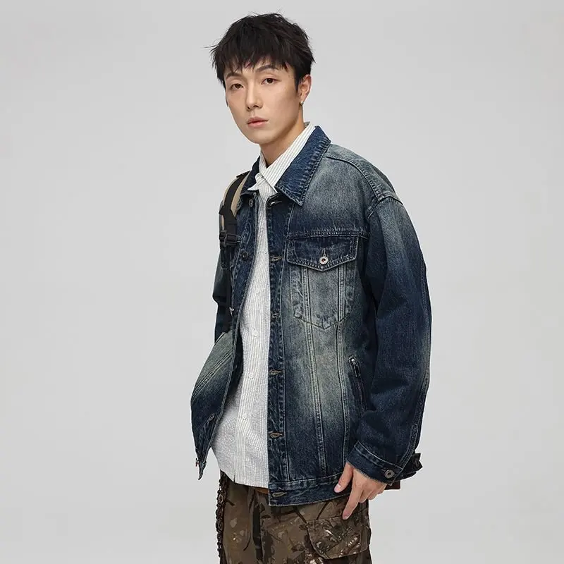 Vintage-Washed-Jeansjacke für Herren, Oversized-Jeansmantel mit Reißverschlusstaschen, Lässige Shacket-Oberbekleidung, Urban Streetwear – Detail 2