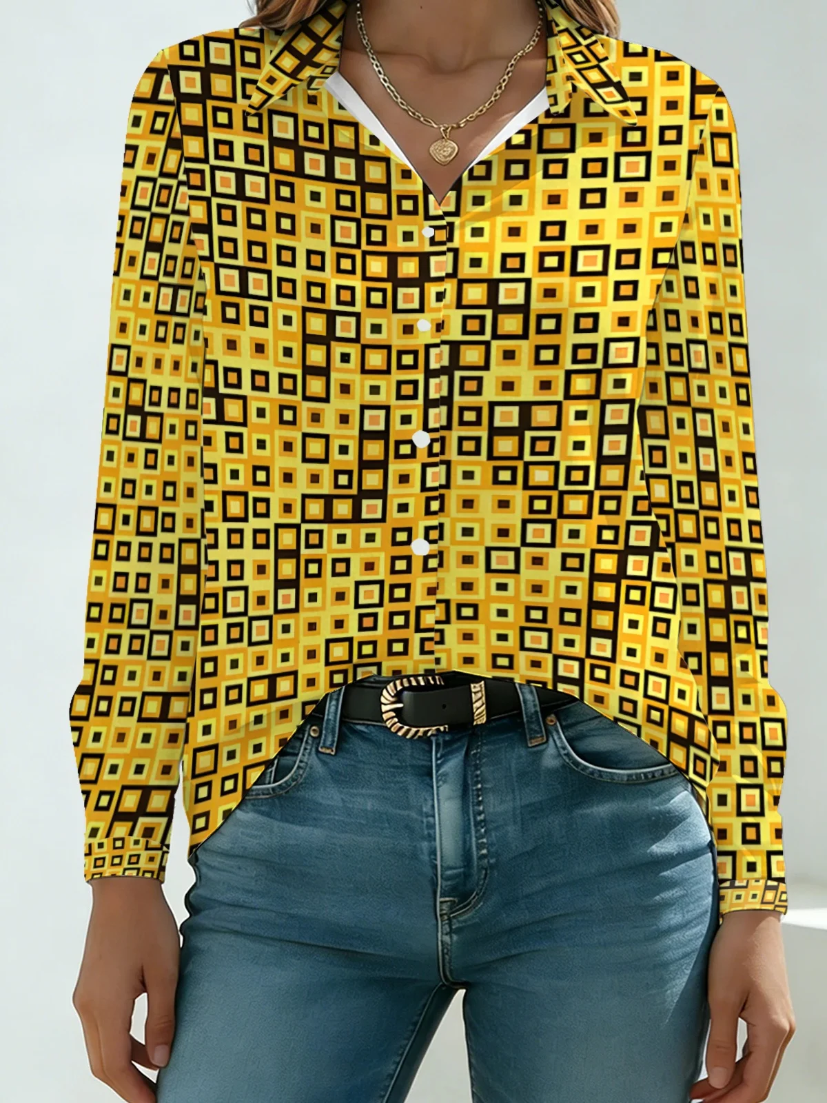 Trendy Retro Grid Womens Collared Shirt Vivid Yellow Base All Over Nested Square Geometric Print Long Sleeve Street Dating Blous