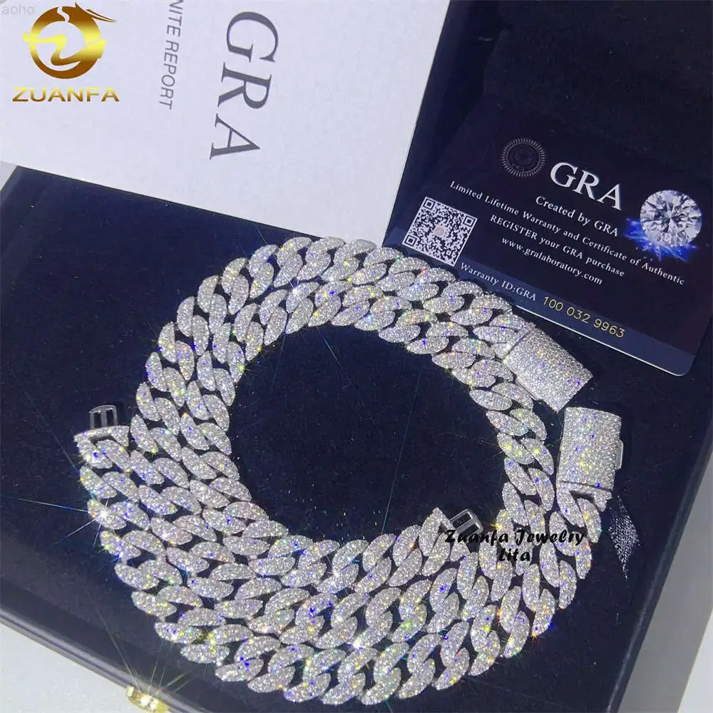 Ready to Ship 12mm Width Moon Shape 925 Sterling Silver Moissanite Diamond Iced Out Cuban Link Chain