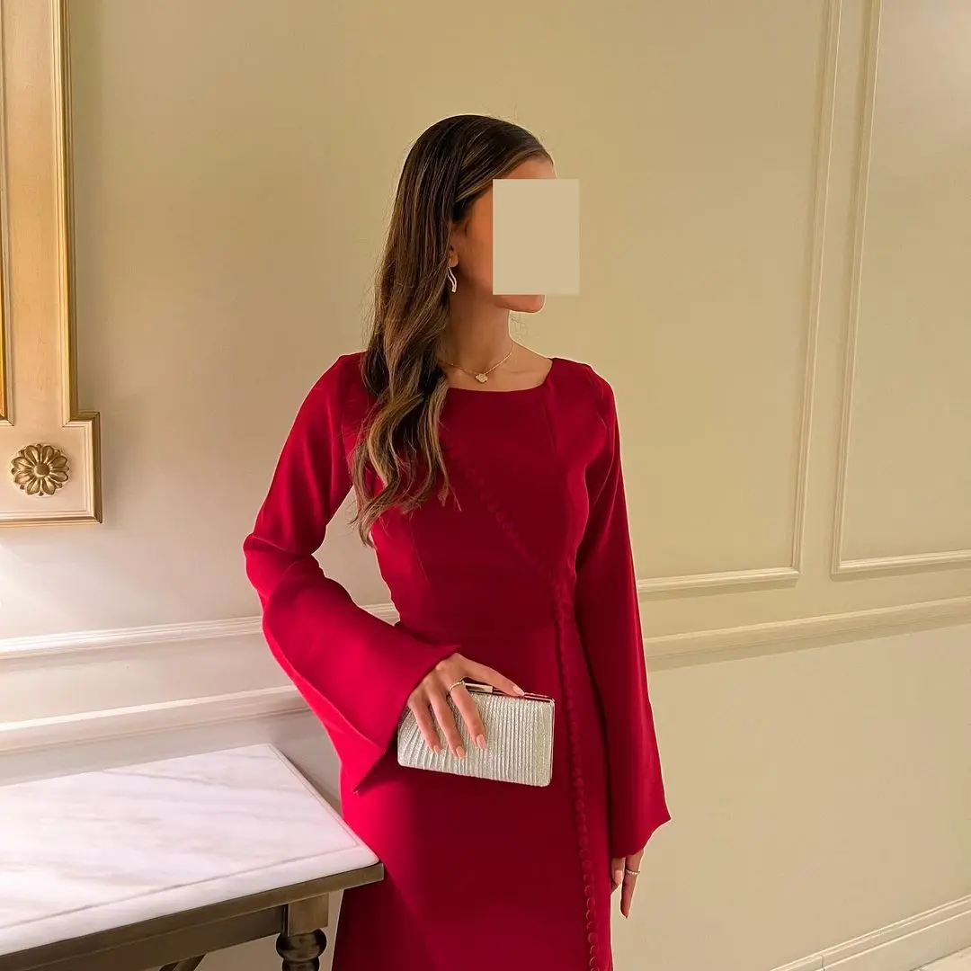 Sapmae O-neck Button Full Sleeve Court Train Zipper Up Red Vent Satin Elegant Prom Formal Evenning Party Dress For Women