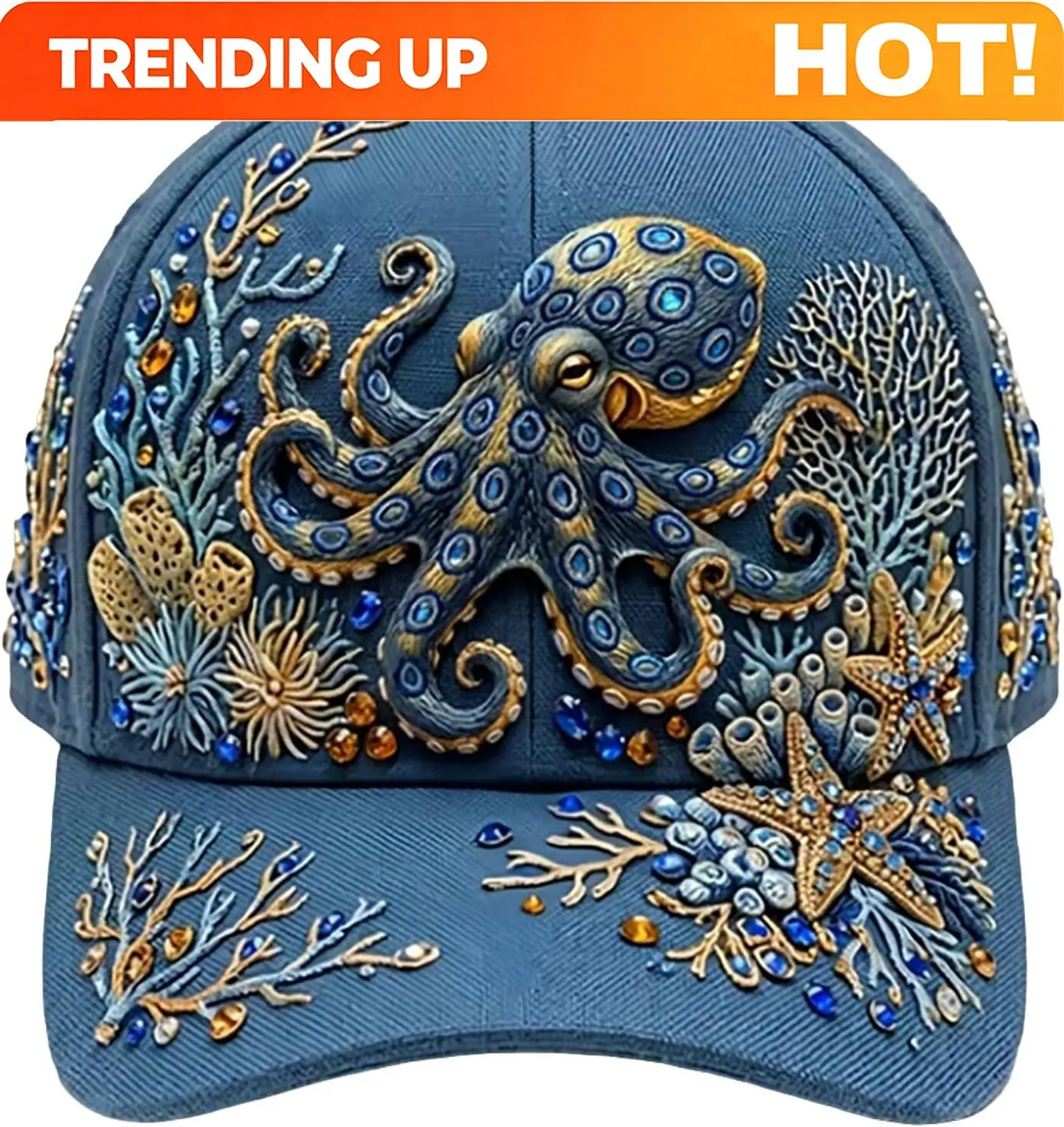 Custom 3D Ocean Creatures Embroidery Cap, Adjustable Cotton Baseball Cap, Raised Embroidered Sea Animal Hat for Beach Travel