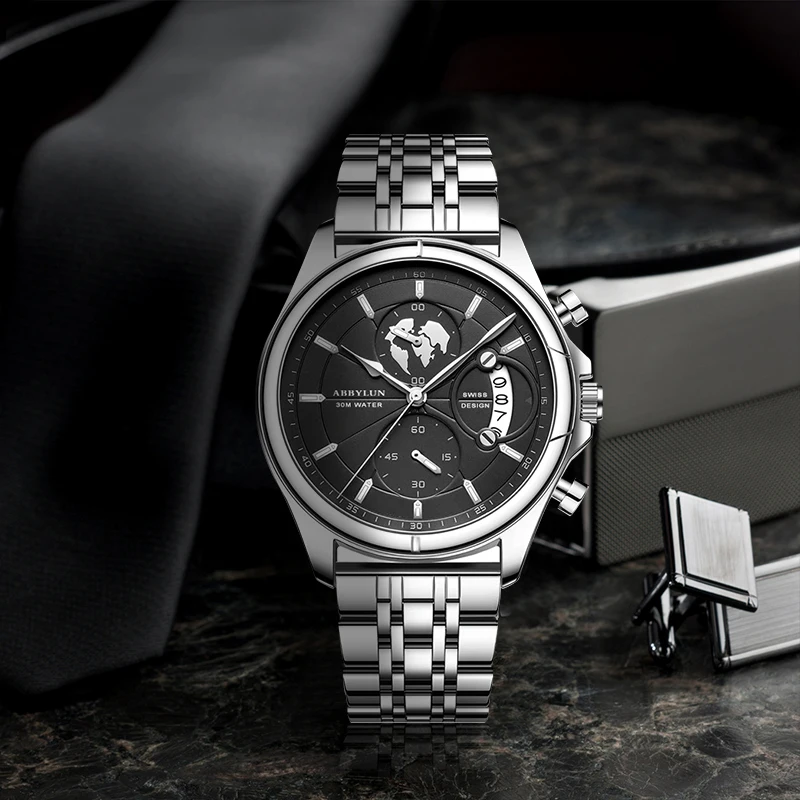 ABBYLUN 989 Men Quartz Watch Fashion Creative Outdoor Silvery Gold Steel Strap Pointer Date Display Wrist Watches for Male Gift