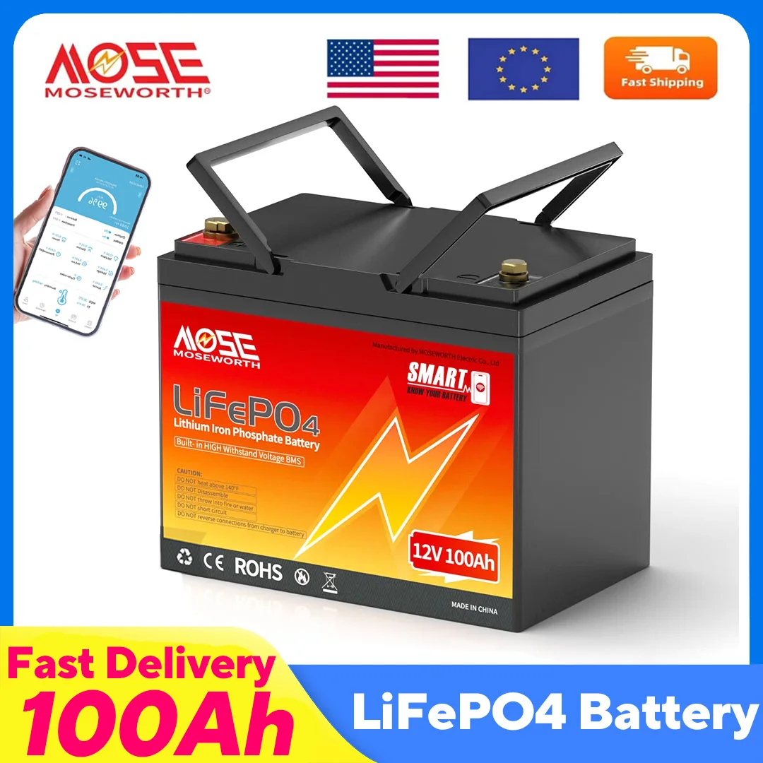 MOSEWORTH 12V 100Ah LiFePo4 Battery Pack Built-in 100A BMS Lithium Iron Phosphate Battery Rechargeable Bateria For Solar Boat