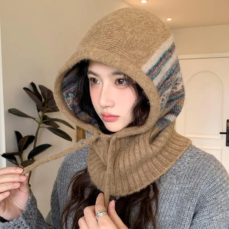 Japanese Ethnic Style Jacquard Knit Balaclava Hat Women's Winter Outdoor Cycling Windproof Warm Lace-up Drawstring Beanie Caps