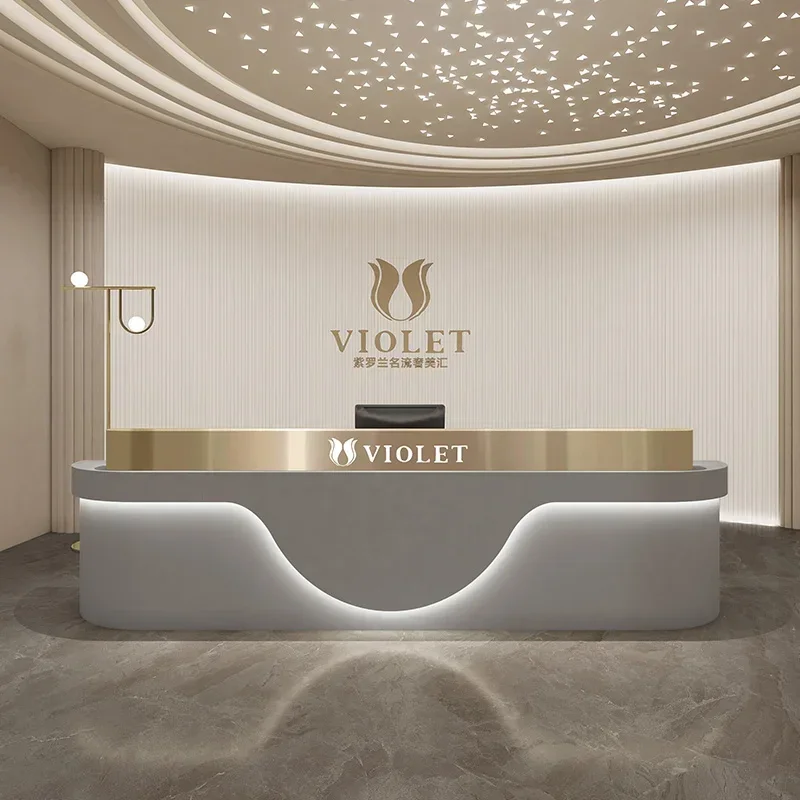 Salon Reception Desk Barber Shop Counter Bureau Bar Furniture Hairdressing Corner Office With Storage Luxury Bureau Curved