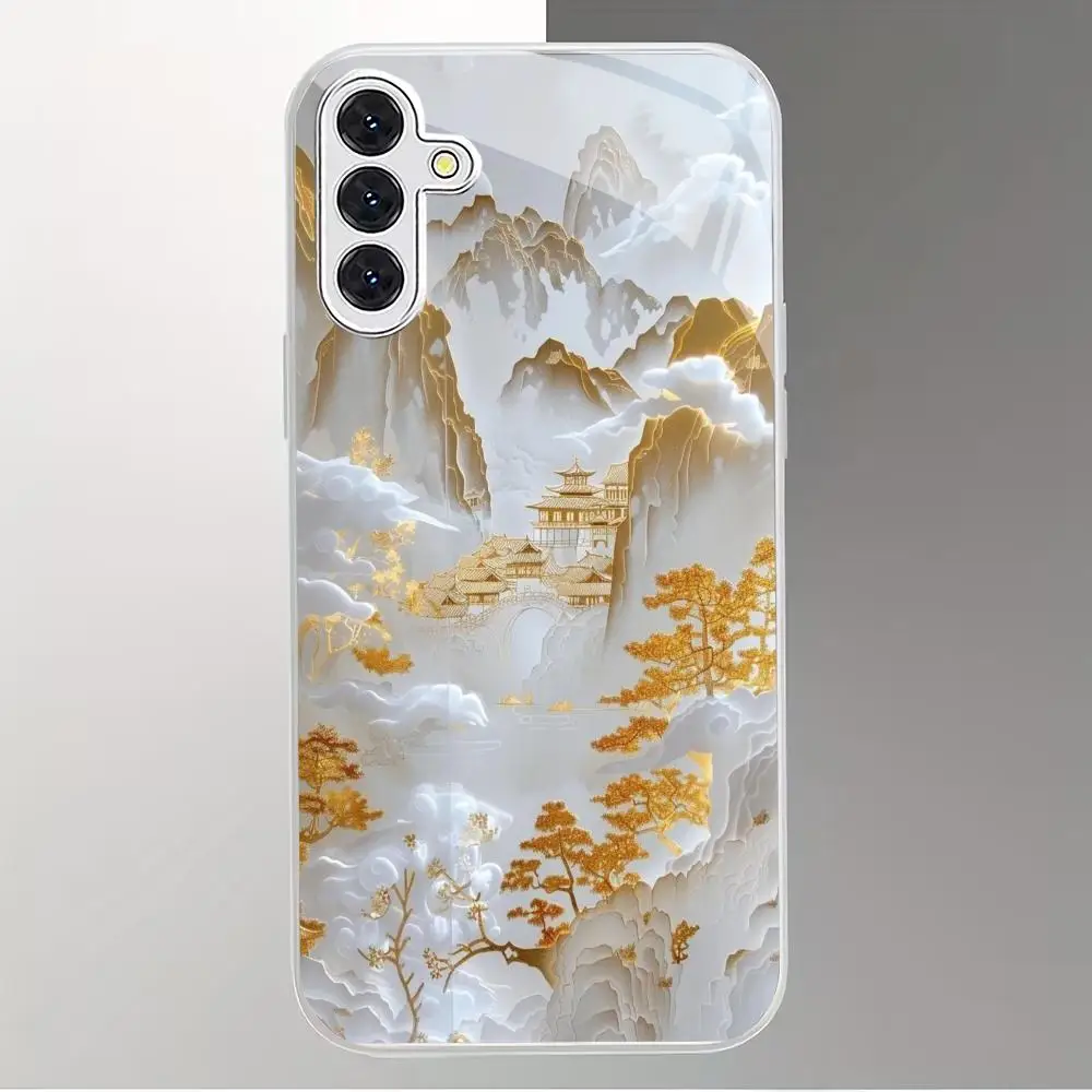 National style landscape painting silver plated glass phone case suitable for Samsung GalaxyS26 S25 S24 S22 S21 S20FE/Ultra/Plus