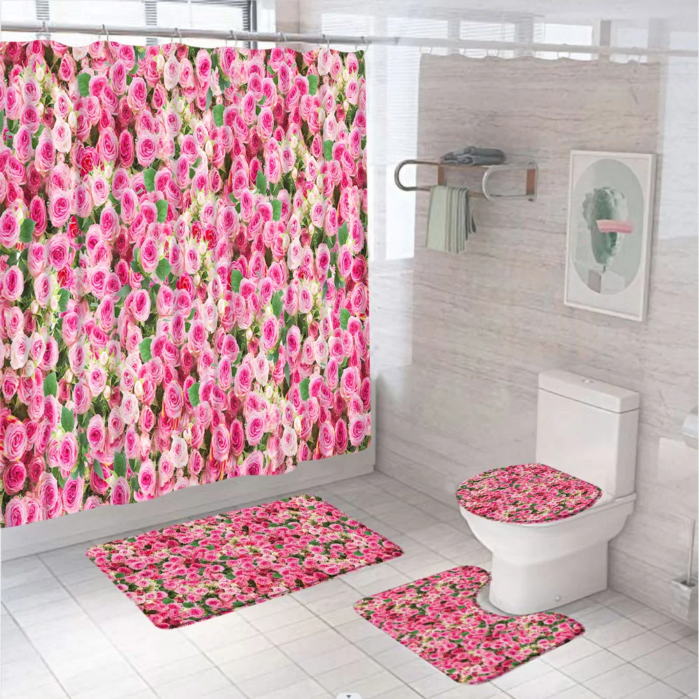 Floral Shower Curtain Set Non-Slip Rug Toilet Lid Cover Bath Mat Fabric Pink Rose Flower Spring Wedding Women Bathroom Curtains