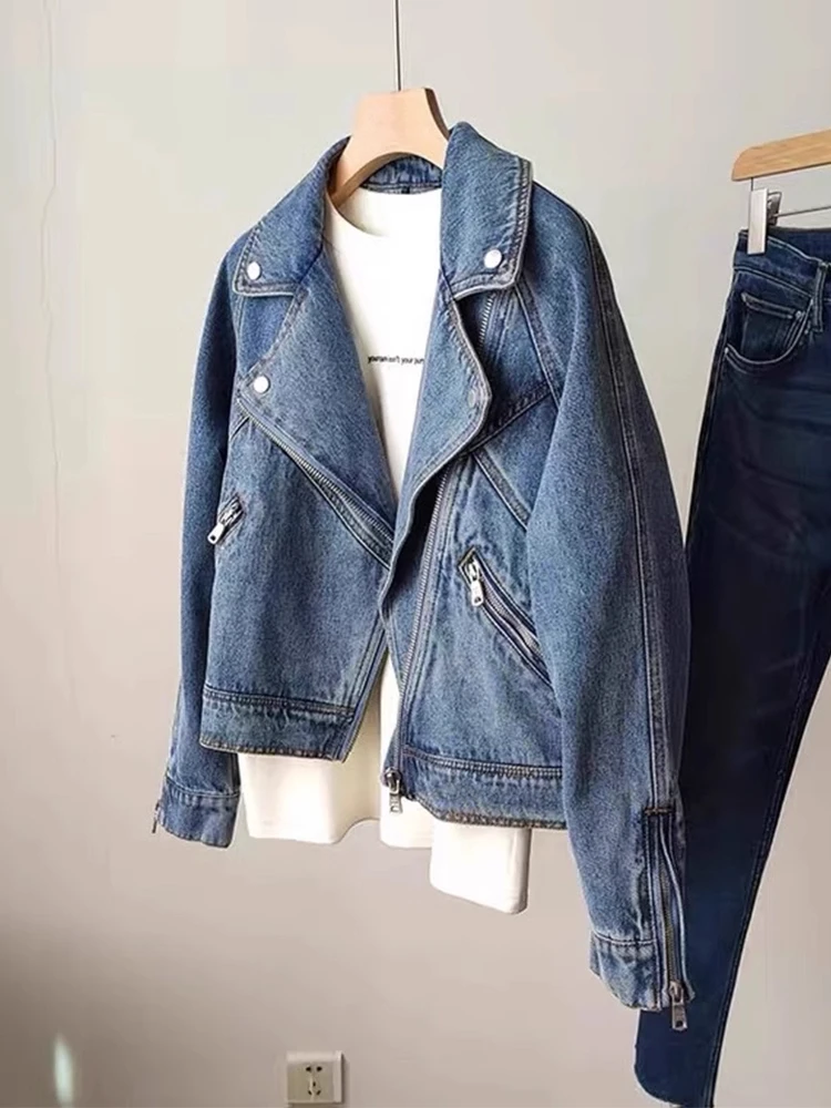 

Джинсовая куртка на молнии в стиле ретро в американском стиле, женская мотоциклетная одежда, топ, повседневный свободный крой с кетками