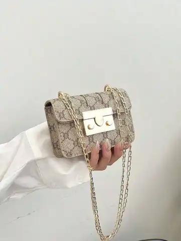 Vintage Monogram Mini Chain Crossbody Bag, Classic Lock Flap Shoulder Bag, All-Match Purse for Women