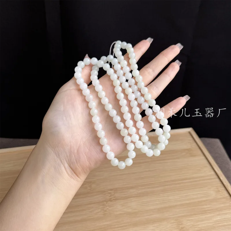 8Mm 108 Necklace, Hetian Sheep Fat White Jade Round Beads Multi-Loop Bracelet Bead Chain