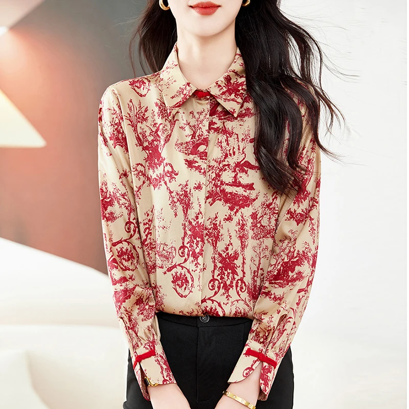 

New Real Silk Elegant Satin Shirts for Women Fashion Blouses Long Sleeve Office Lady Shirt Loose Tops Woman Casual Blouse