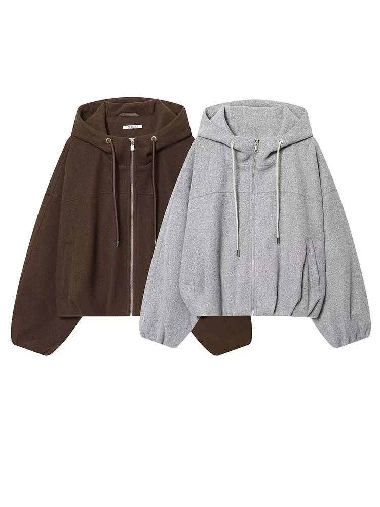 

HH Women Fashion Drawstring Zipper Jacket Female Autumn High Street Casual Long-Sleeved Solid Pockets Loose Hooded Jacket