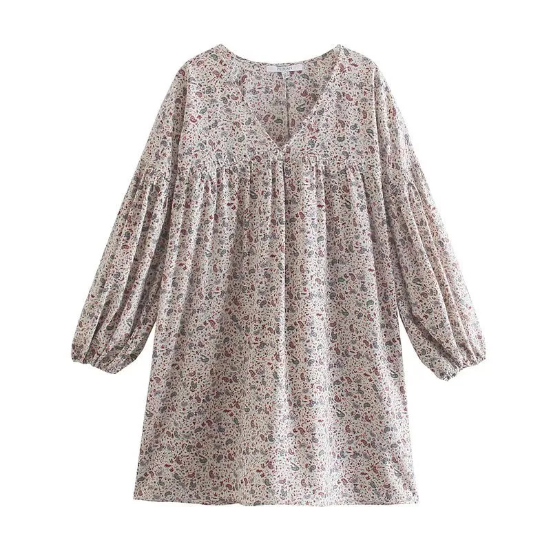 女性らしいエレガントな新作、ゆったりとした快適な花柄の長袖ワンピース