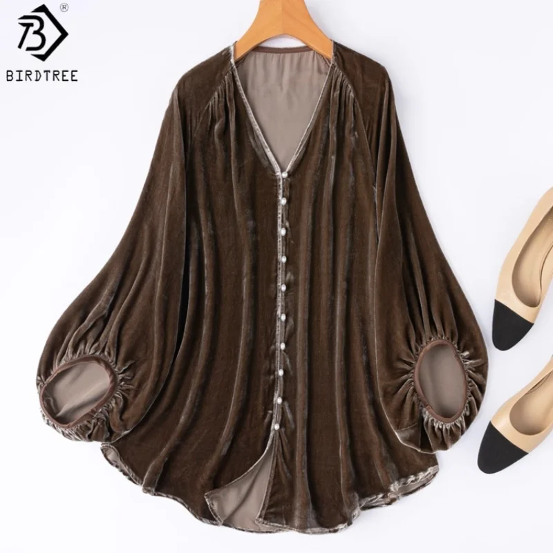 

Birdtree, бархатная блузка из 100% тутового шелка, женские однобортные топы с v-образным вырезом и рукавами-фонариками, осенняя чайно-коричневая рубашка 2025 T5O625JF