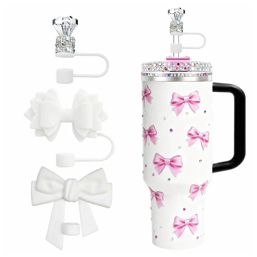 Diamond Bow Straw Covers Set Cute Silicone Dustproof Toppers for 30/40oz Stanley Cup Compatible with 0.4in/10mm Straws
