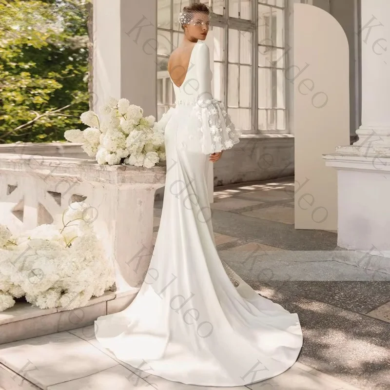 Customized Exquisite V-Neck Mermaid Long Flare Sleeves Wedding Dresses High Quality 3D Flowers Beading Floor Length Bridal Gowns