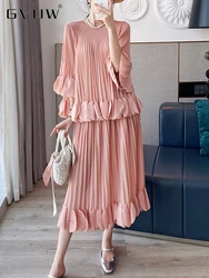 GVUW Pleated Two Piece Sets Women Fashion Round Collar Flare Sleeve Top + A Line Skirt Loose Solid Color New 2024 17G5644