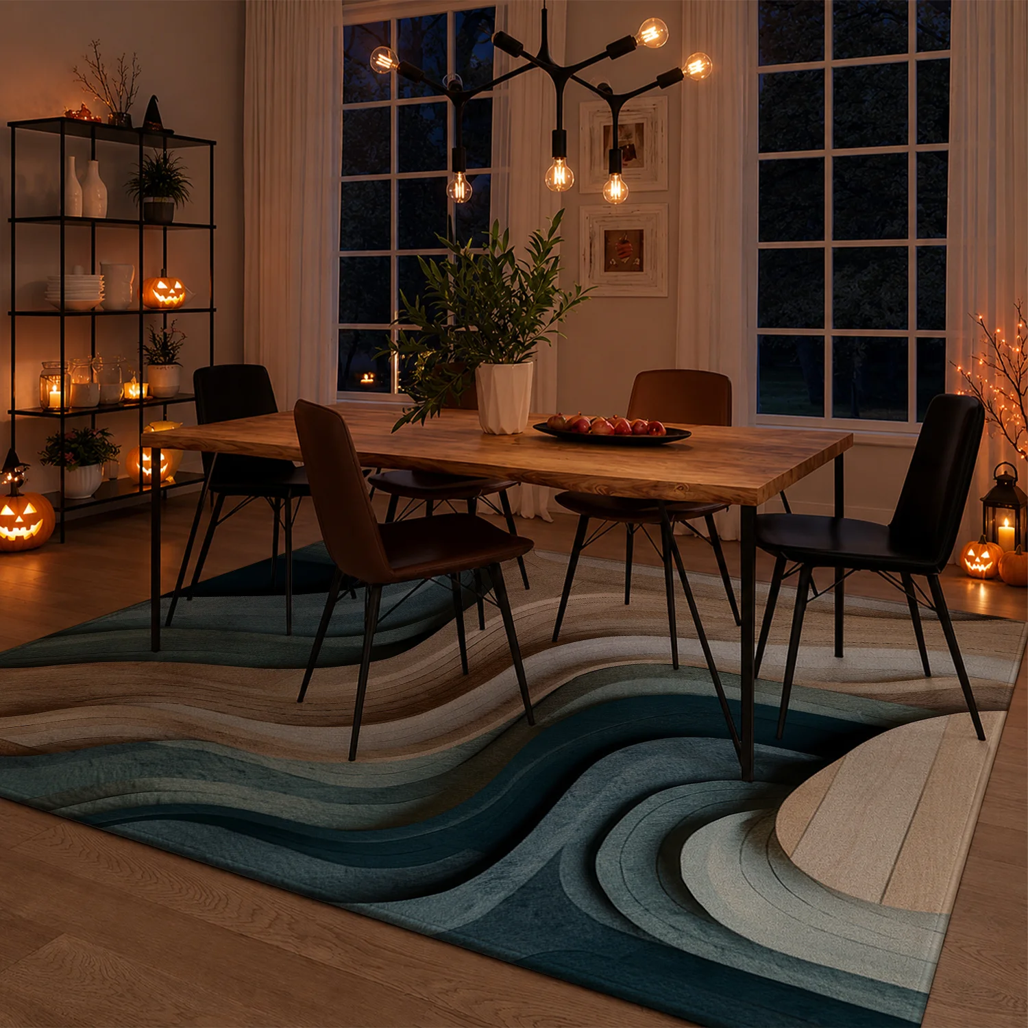 Large Indoor Area Rug, Soft Velvet Low Pile Non-Slip Dotted Backing, Machine Washable, Organic Wavy Topographic Pattern in Muted Blue & Natural Wood Tones, Ideal for Living Room, Bedroom, Modern Home Spaces
