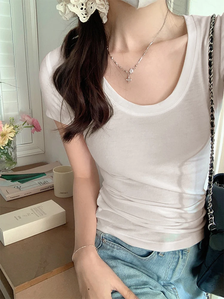 Sexy O Neck Slim T Shirt Women Cotton Elastic Basic Solid Female Casual Tops Short Sleeve Thin T-shirts See Through