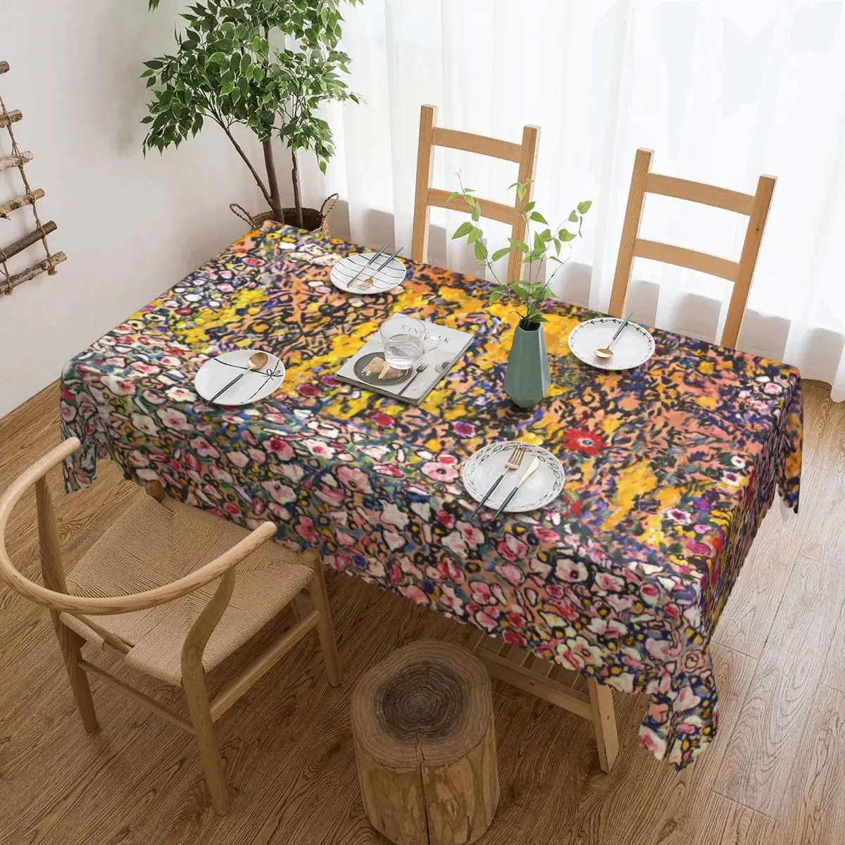 Custom Rectangular Waterproof Gustav Klimt Flowers Art Table Cover Painting Art Colorful Gold Table Cloth Tablecloth for Picnic