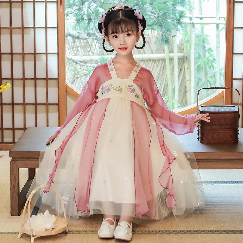 

Spring Autunm Kids Peony Embroidery Cotton Perform Costumes Chinese Lovely Children Traditional Tang Suit Girls Ancient Hanfu