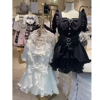 Jirai Kei Dark Sweet Lolita Mini Dress Women Bowknot Lace Puff Corset Heart Ruffle Cake Skirt Japanese Kawaii Harajuku Fashion 2