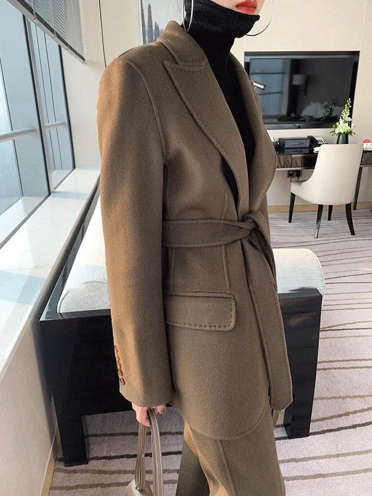 Autumn Winter Woolen Pant Suits Women Thick Belted Jackets Ladies Wool High Waist Pants Warm Trousers Set Female