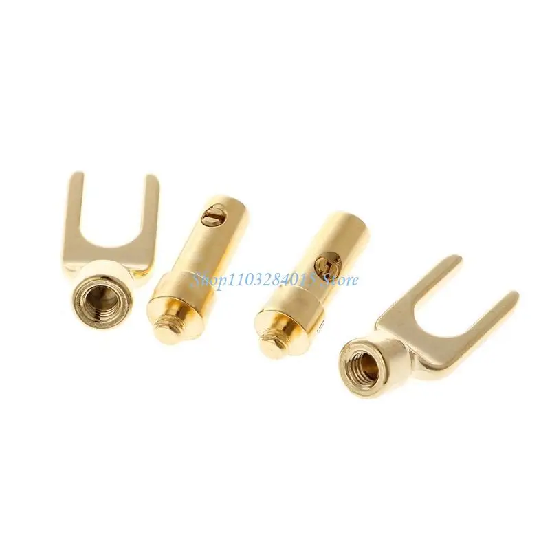 R6FF 8 Pcs Brass Gold Plated Y Spade Speaker Plugs o Screw Fork Connector Adapter