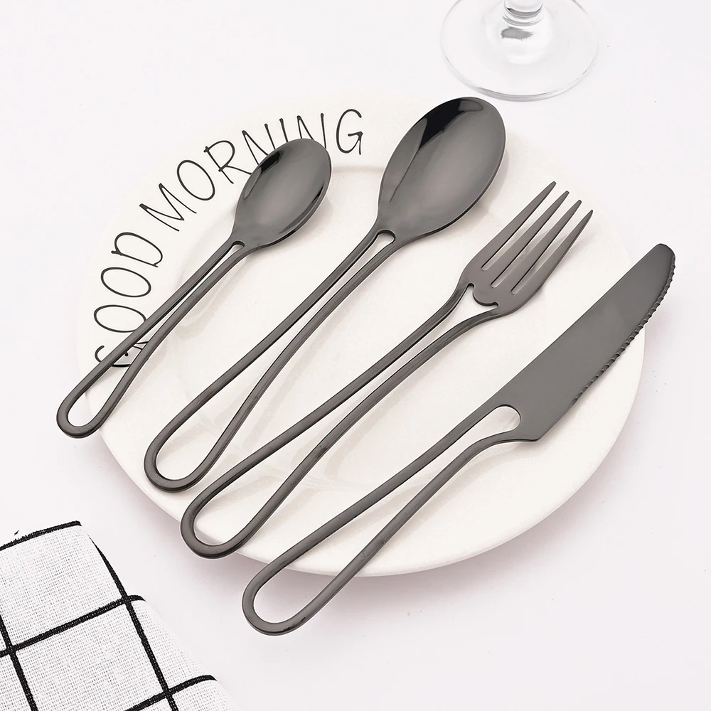 Black 4Pcs Tableware Set Stainless Steel Western Dinner Knife Fruit Fork Spoon Dinnerware Cutlery Set Kitchen Flatware Set