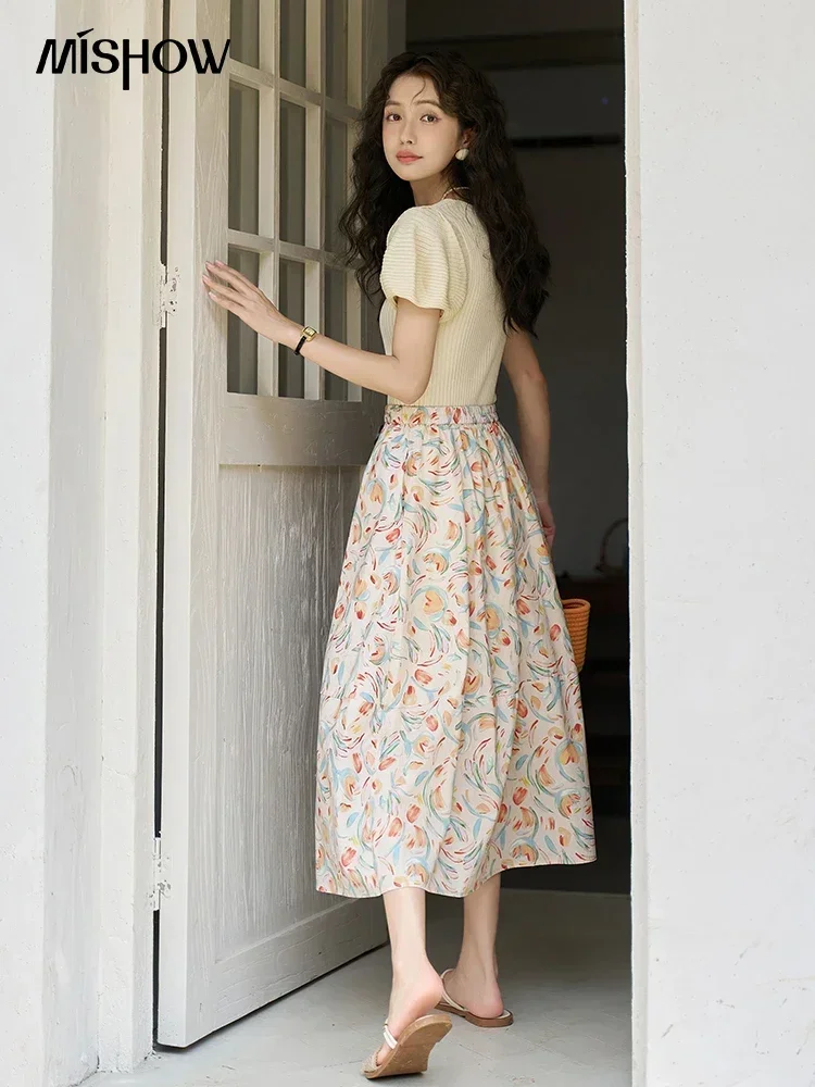 MISHOW French Tulip Floral Chic Skirt for Women 2023 Summer 100 Cotton A-LINE Sweet Elastic Waist Holiday Midi Skirts MXC38B0072