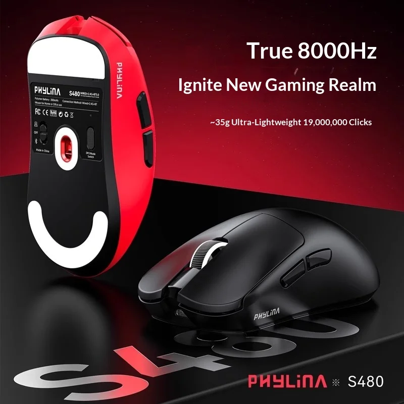 PHYLINA Game Mouse Wireless Bluetooth Tri mode PAW3950 Dual 8K Lightweight S480 E-sports Computer Game Office PC Accessories