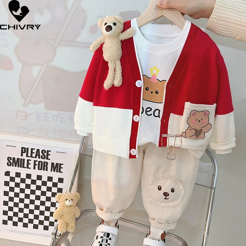 Neue Kinder Baby Herbst Mode Cartoon Bär Strickjacken Pullover Sweatshirt mit Hosen Jungen Mädchen Mode dreiteilige Kleidung Sets