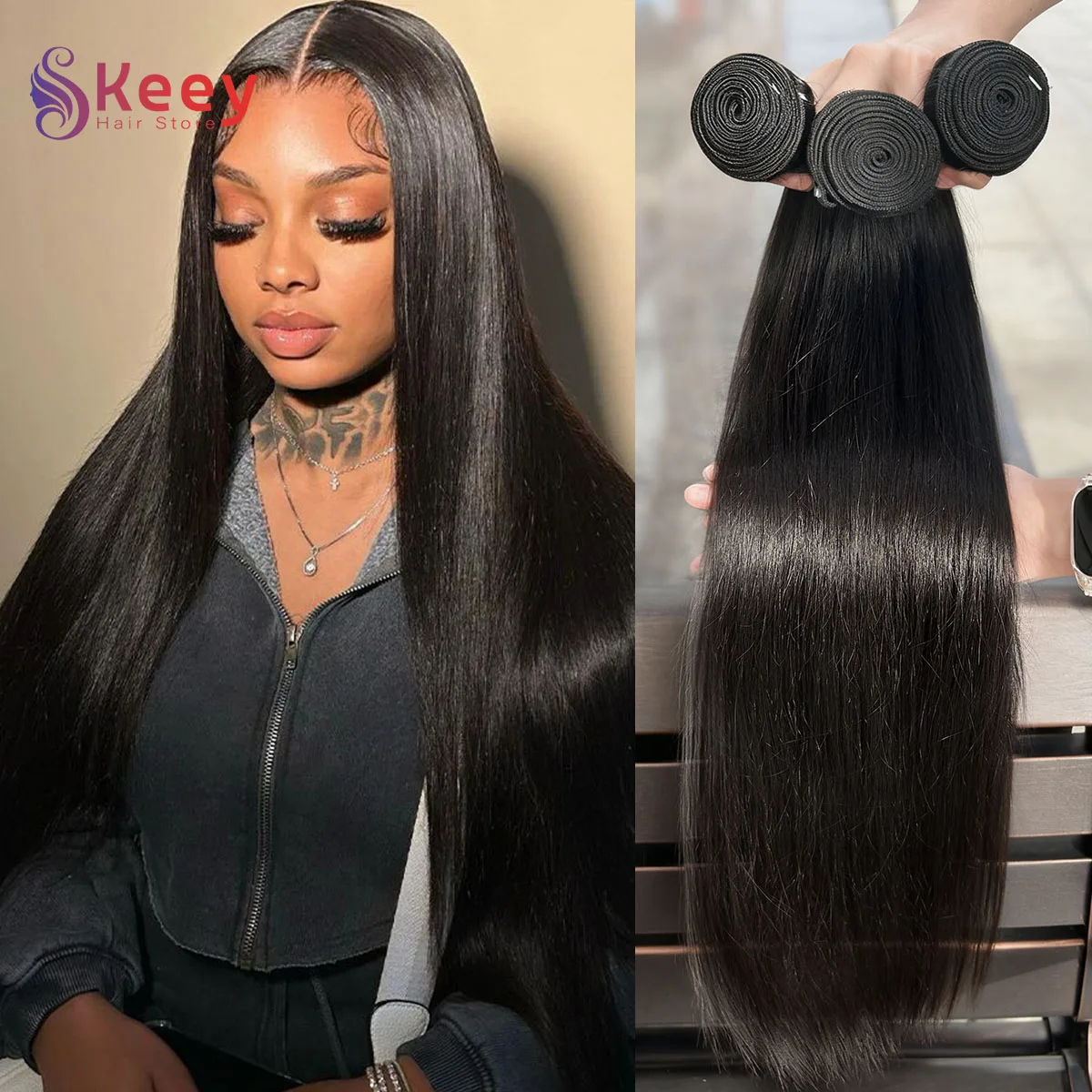 30 32인치 본 스트레이트 생인모 번들 1 3 4 브라질리언 생인모 번들 16A 내추럴 블랙 헤어 익스텐션 여성용