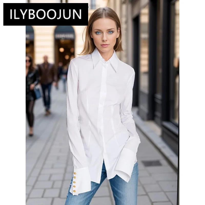 ILYBOOJUN Solid Minimalist Shirts For Women Lapel Long Sleeve Patchwork Single Breasted Vintage Blouse Female Fashion Style